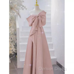 Pretty A Line One Shoulder Pink Satin Long Evening Party Dresses Prom Dresses With Bowknot