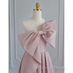 Pretty A Line One Shoulder Pink Satin Long Evening Party Dresses Prom Dresses With Bowknot