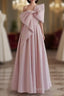 Pretty A Line One Shoulder Pink Satin Long Evening Party Dresses Prom Dresses With Bowknot