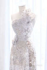 Pretty A Line One Shoulder Silver Sequin Long Length Evening Dresses Prom Dresses