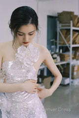 Pretty A Line One Shoulder Silver Sequin Long Length Evening Dresses Prom Dresses