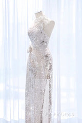 Pretty A Line One Shoulder Silver Sequin Long Length Evening Dresses Prom Dresses