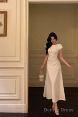 Pretty A Line Scoop Pleated White Prom Dresses Birthday Outfits Evening Gown