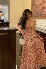 Pretty A Line Spaghetti Straps Chiffon Floral Sleeveless Date Night Dress Prom Dresses Birthday Party Outfit