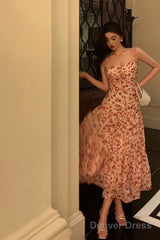 Pretty A Line Spaghetti Straps Chiffon Floral Sleeveless Date Night Dress Prom Dresses Birthday Party Outfit