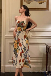 Pretty A Line Spaghetti Straps Floral Date Night Dress Prom Dresses Birthday Party Outfit