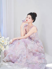 Pretty A Line Spaghetti Straps Pink Floral Long Length Evening Dresses Prom Dresses