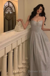 Pretty A Line Spaghetti Straps Pleated Silver Gray Sequin Prom Dresses Birthday Outfits Evening Gown