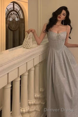 Pretty A Line Spaghetti Straps Pleated Silver Gray Sequin Prom Dresses Birthday Outfits Evening Gown