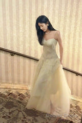 Pretty A Line Spaghetti Straps Tulle Chamapgne Ankle Length Evening Dress Prom Dresses