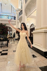 Pretty A Line Spaghetti Straps Tulle Chamapgne Ankle Length Evening Dress Prom Dresses