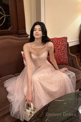 Pretty A Line Spaghetti Straps Tulle Pink Ankle Length Evening Dress Prom Dresses