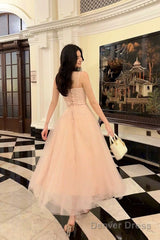 Pretty A Line Spaghetti Straps Tulle Pink Ankle Length Evening Dress Prom Dresses
