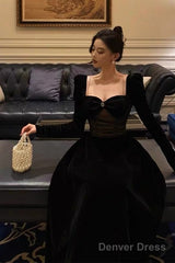 Pretty A Line Square Neckline Long Sleeves Black Velvet Prom Dresses Birthday Outfits Evening Gown