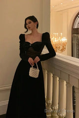 Pretty A Line Square Neckline Long Sleeves Black Velvet Prom Dresses Birthday Outfits Evening Gown