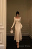 Pretty A Line Square Neckline Long Sleeves Ivory Prom Dresses Birthday Outfits Evening Gown