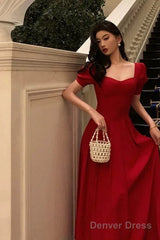 Pretty A Line Square Neckline Red Short Sleeves Date Night Dress Prom Dresses Birthday Party Outfit