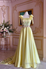 Pretty A Line Straps Satin Yellow Long Prom Dresses Formal Evening Dresses