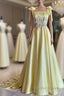 Pretty A Line Straps Satin Yellow Long Prom Dresses Formal Evening Dresses