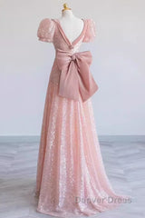 Pretty A Line Sweetheart Short Sleeves Long Evening Party Dresses Pink Prom Dresses