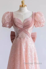 Pretty A Line Sweetheart Short Sleeves Long Evening Party Dresses Pink Prom Dresses