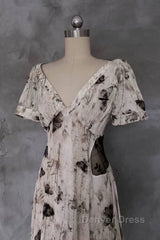 Pretty A Line V Neckline Floral Long Prom Dresses Birthday Dresses For Women