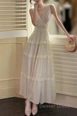 Pretty A Line V Neckline Long Sleeves Chiffon White Ankle Length Evening Dresses Prom Dresses