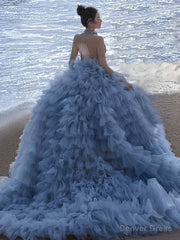 Pretty Ball Gown High Neckline Tulle Layers Long Blue Ruffles Prom Dresses Sweet 16 Dresses