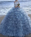 Pretty Ball Gowns High Neckline Tulle Layers Long Blue Ruffles Prom Dress Sweet 16 Dresses