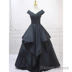 Pretty Ball Gown Off The Shoulder Black Satin Prom Dresses Evening Dress