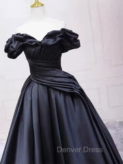 Pretty Ball Gown Off The Shoulder Black Satin Prom Dresses Evening Dresses With Pleated
