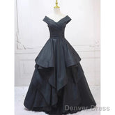 Pretty Ball Gown Off The Shoulder Black Satin Prom Dresses Evening Dress