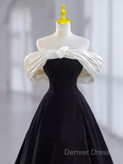 Pretty Ball Gown Off The Shoulder Black Velvet Evening Party Dresses Prom Dresses With Flower