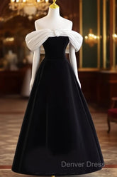 Pretty Ball Gown Off The Shoulder Black Velvet Evening Party Dresses Prom Dresses With Flower