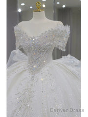 Pretty Ball Gown Off The Shoulder Short Sleeves Sequin White Wedding Dresses Brides Dress