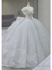 Pretty Ball Gown Off The Shoulder Short Sleeves Sequin White Wedding Dresses Brides Dress