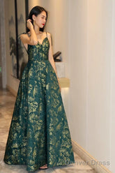 Pretty Ball Gown Spaghetti Straps Satin Green Long Length Evening Dress Prom Dresses