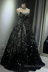 Pretty Ball Gown Strapless Black Sequin Prom Dresses Evening Dresses