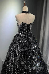 Pretty Ball Gown Strapless Black Sequin Prom Dresses Evening Dresses