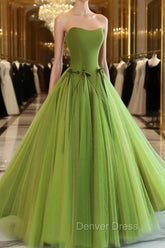 Pretty Ball Gown Strapless Bud Green Tulle Prom Dresses Evening Dresses