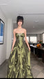 Pretty Ball Gowns Strapless Green Satin Long Prom Dresses With Silver Beads