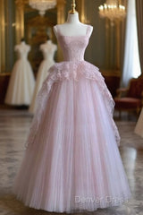 Pretty Ball Gown Strapless Pink Long Lace Prom Dresses Formal Evening Dresses