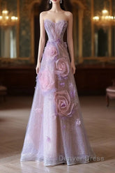 Pretty Ball Gown Sweetheart Pink Floral Tulle Long Prom Dresses Evening Gowns