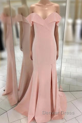 Pretty Blush Pink Mermaid V-Neck Off Shoulder Prom Dresses Long