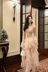 Pretty High Low Spaghetti Straps Tulle Pink Floral Ankle Length Evening Dress Prom Dresses