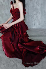 Pretty Irregular Ruffled Spaghetti Straps Burgundy Prom Dresses With Detachable Rose Long Birthday Dresses For Women