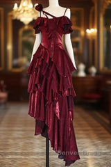 Pretty Irregular Ruffled Spaghetti Straps Burgundy Prom Dresses With Detachable Rose Long Birthday Dresses For Women