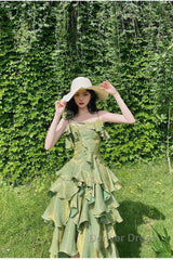 Pretty Irregular Ruffled Spaghetti Straps Green Prom Dresses With Detachable Rose Long Birthday Dresses For Women
