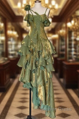 Pretty Irregular Ruffled Spaghetti Straps Green Prom Dresses With Detachable Rose Long Birthday Dresses For Women