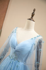 Pretty Light Blue A-Line Puffy Sleeves Party Dresses, Light Blue Evening Dresses Prom Dresses